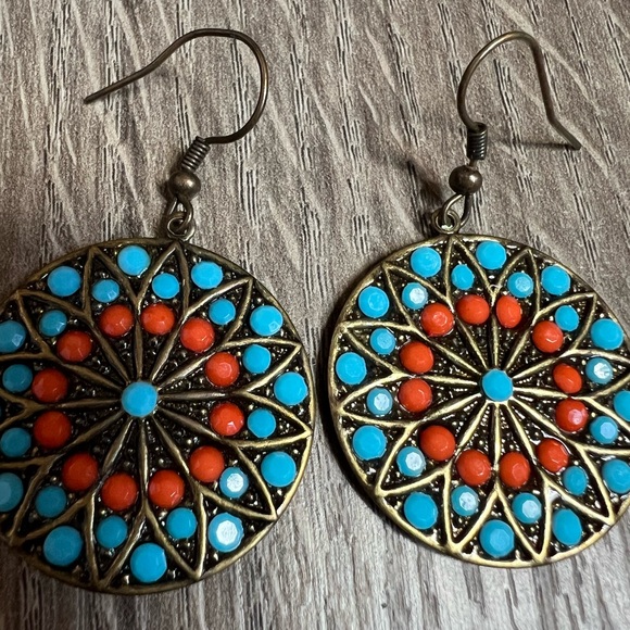 Vintage Boho Turquoise Medallion Dangle Earrings Southwest Festival - Picture 4 of 6